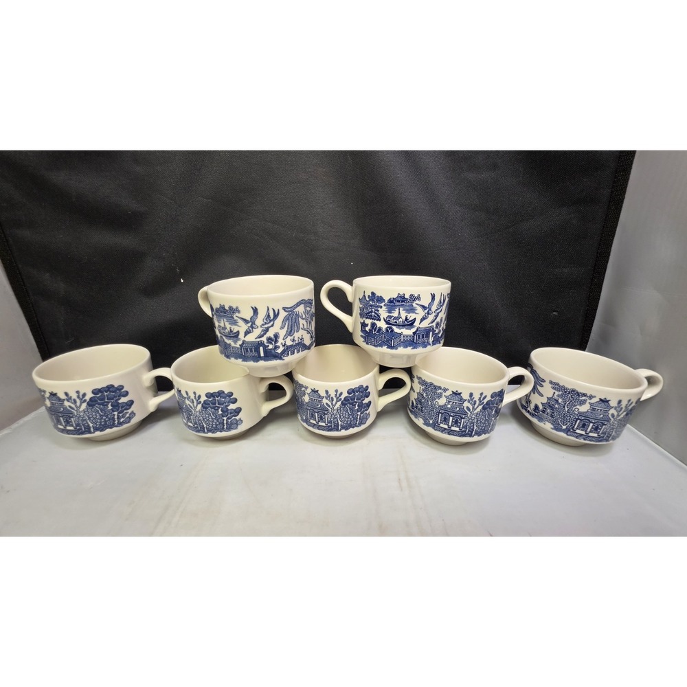Set of 7 Vintage Churchill Blue Willow Tea Coffee Cups/Mugs Made In England